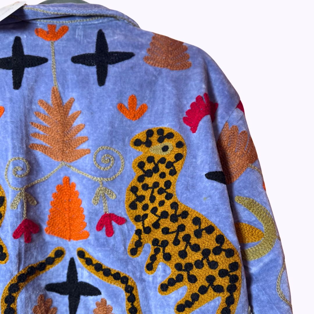 handcrafted "Wild Flowers" velvet jacket, Blue Moon