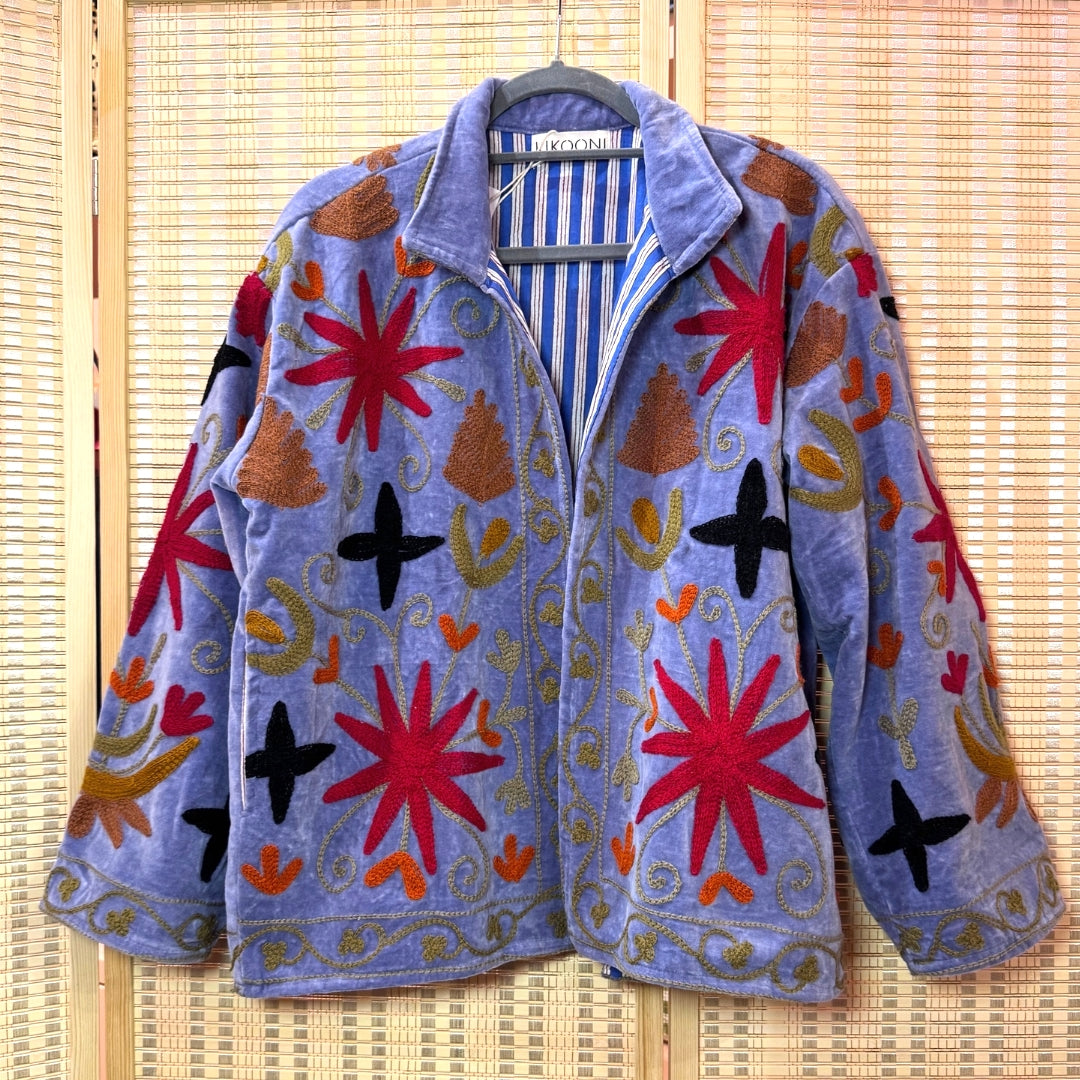 handcrafted "Wild Flowers" velvet jacket, Blue Moon