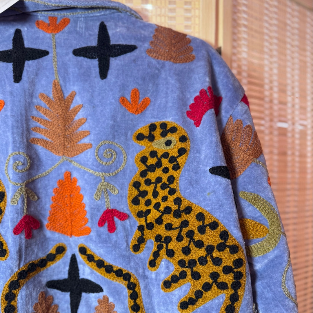 handcrafted "Wild Flowers" velvet jacket, Blue Moon