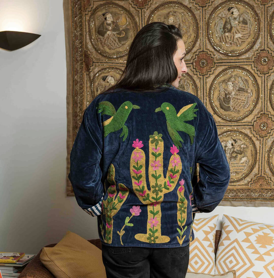 handgefertigte Velvet Jacke "my mexican escape" darkblue