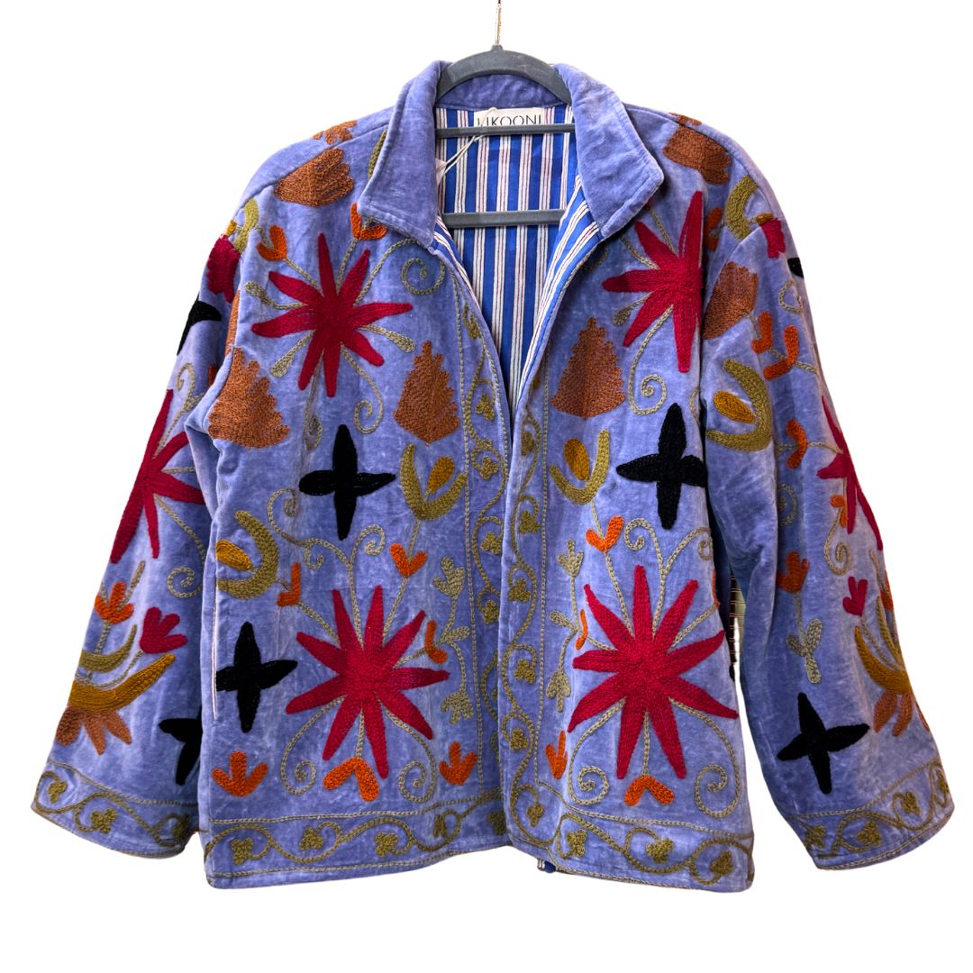 handcrafted "Wild Flowers" velvet jacket, Blue Moon