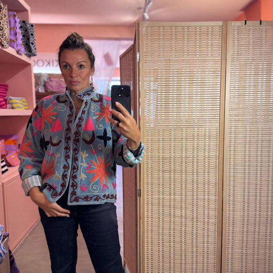 handgefertigte Velvet Jacke " Wild Flowers"  Dusty teal