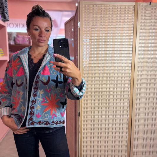 handgefertigte Velvet Jacke " Wild Flowers"  in dusty teal