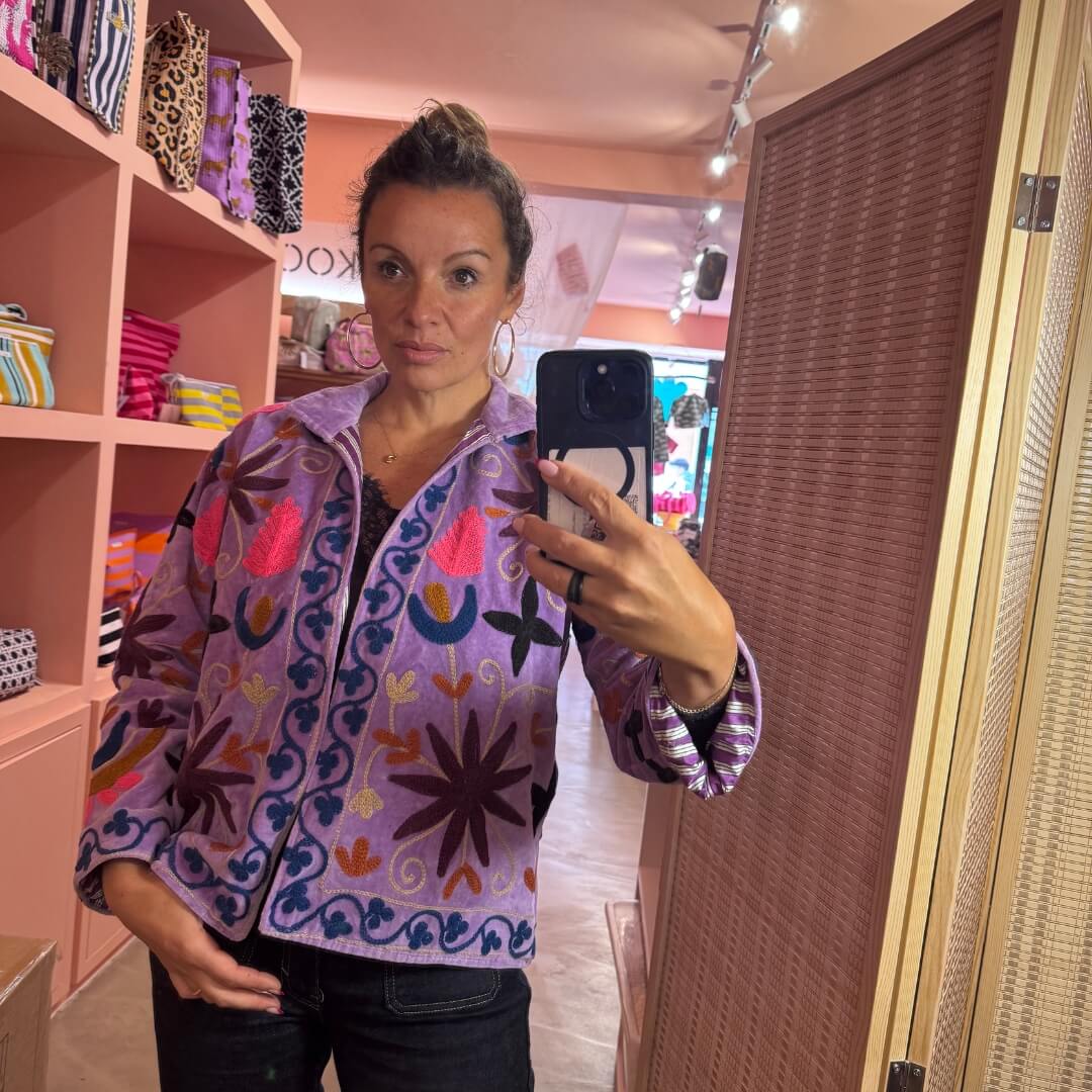 handgefertigte Velvet Jacke " Wild Flowers"  Lavender Love