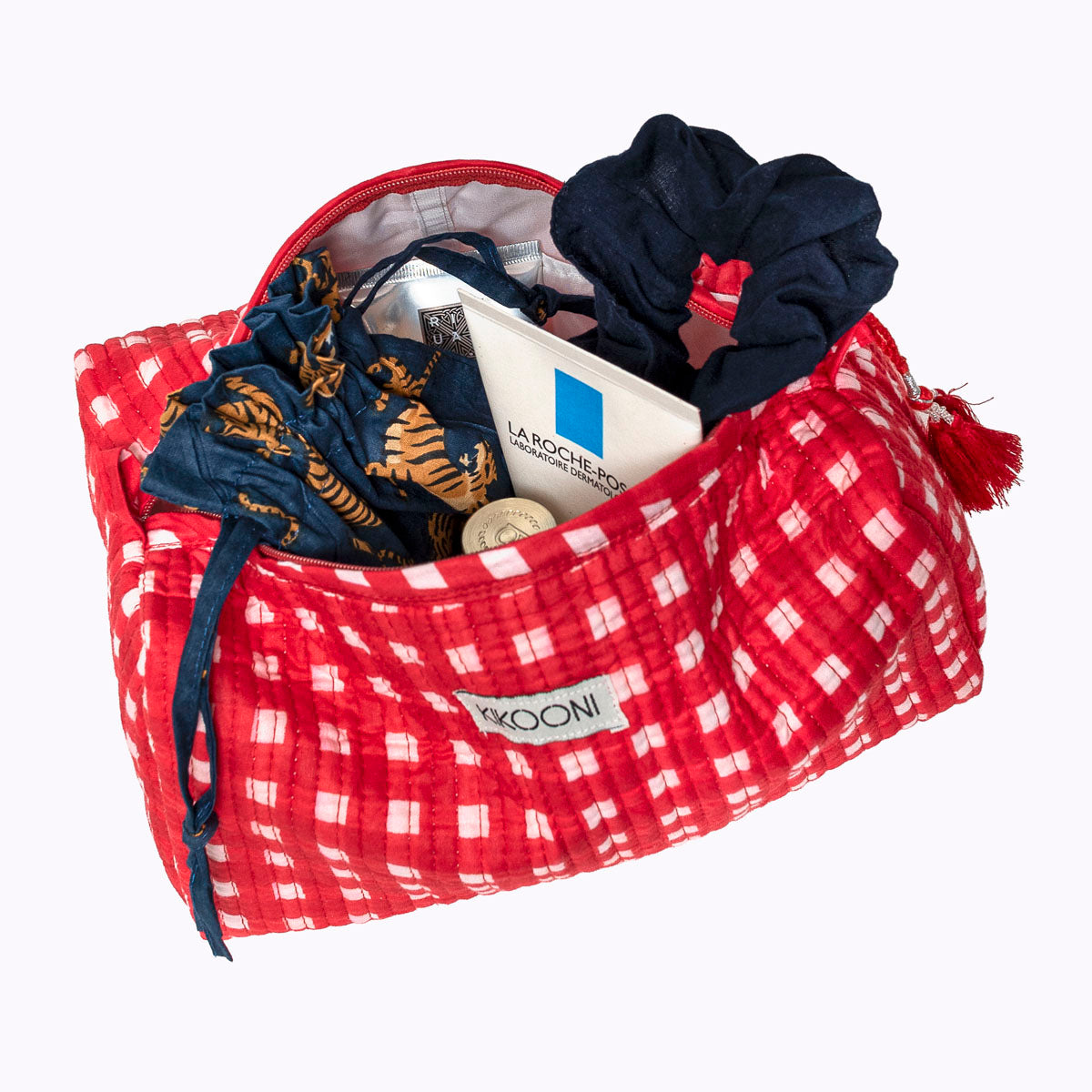 "HAPPY CHECKS" cosmetic bag red