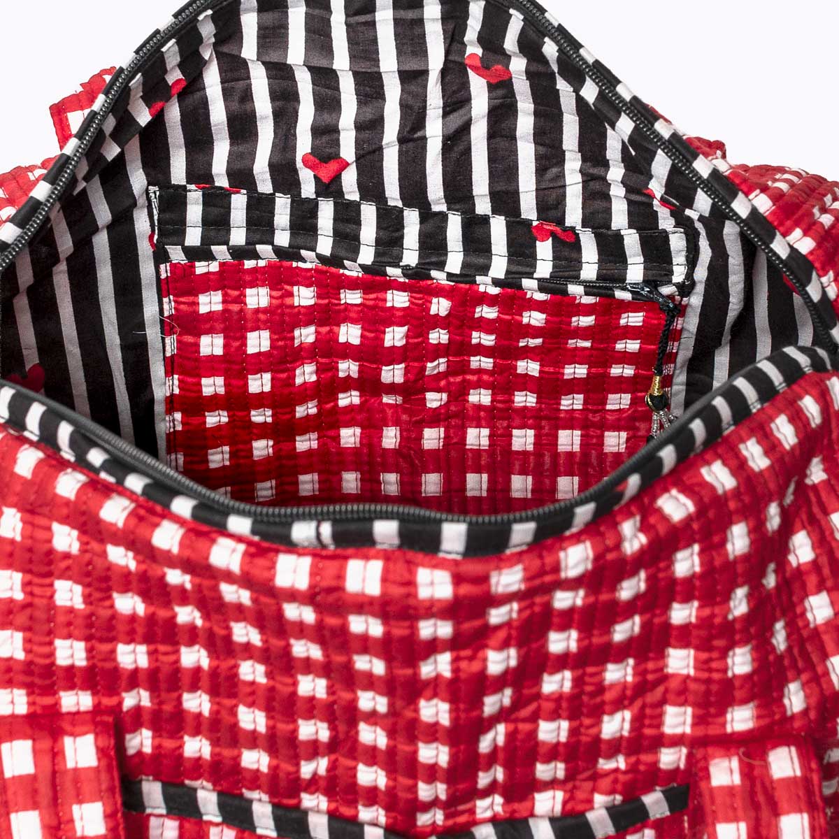 Handmade cotton bag "HAPPY CHECK" red