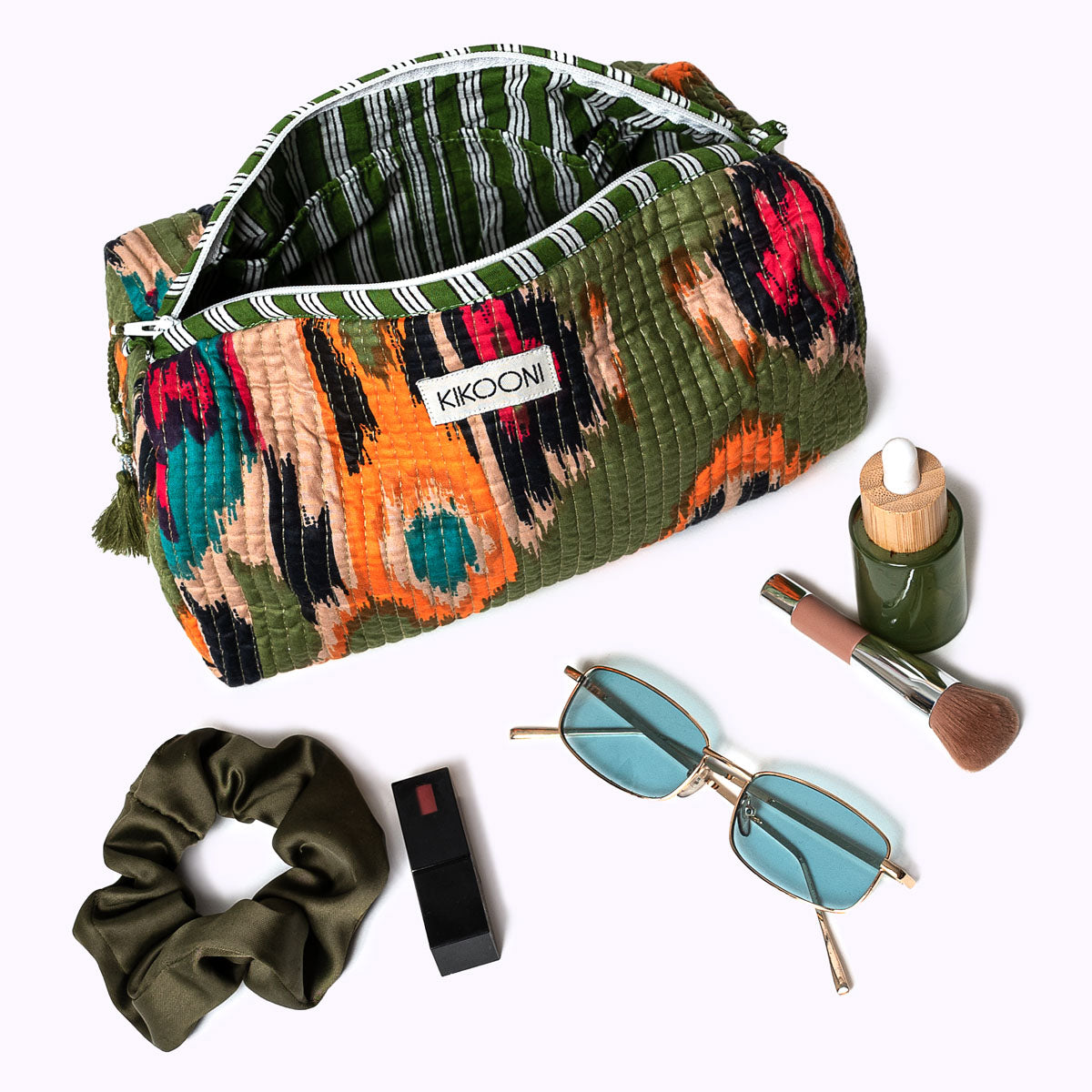 "green ikat" cosmetic bag