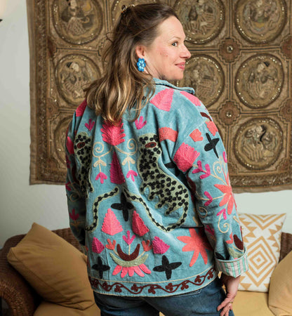 handgefertigte Velvet Jacke " Wild Flowers"  Dusty teal