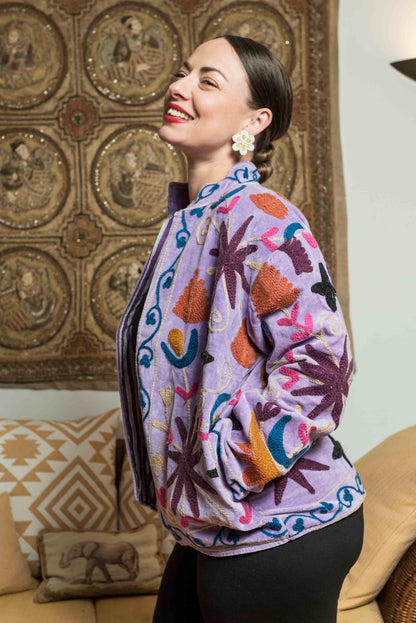 handgefertigte Velvet Jacke " Wild Flowers"  Lavender Love