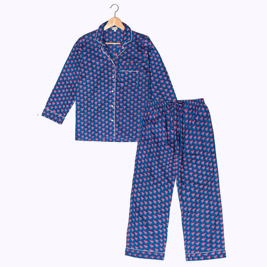 handbedruckter Baumwoll Pyjama "Indigo Bloom"