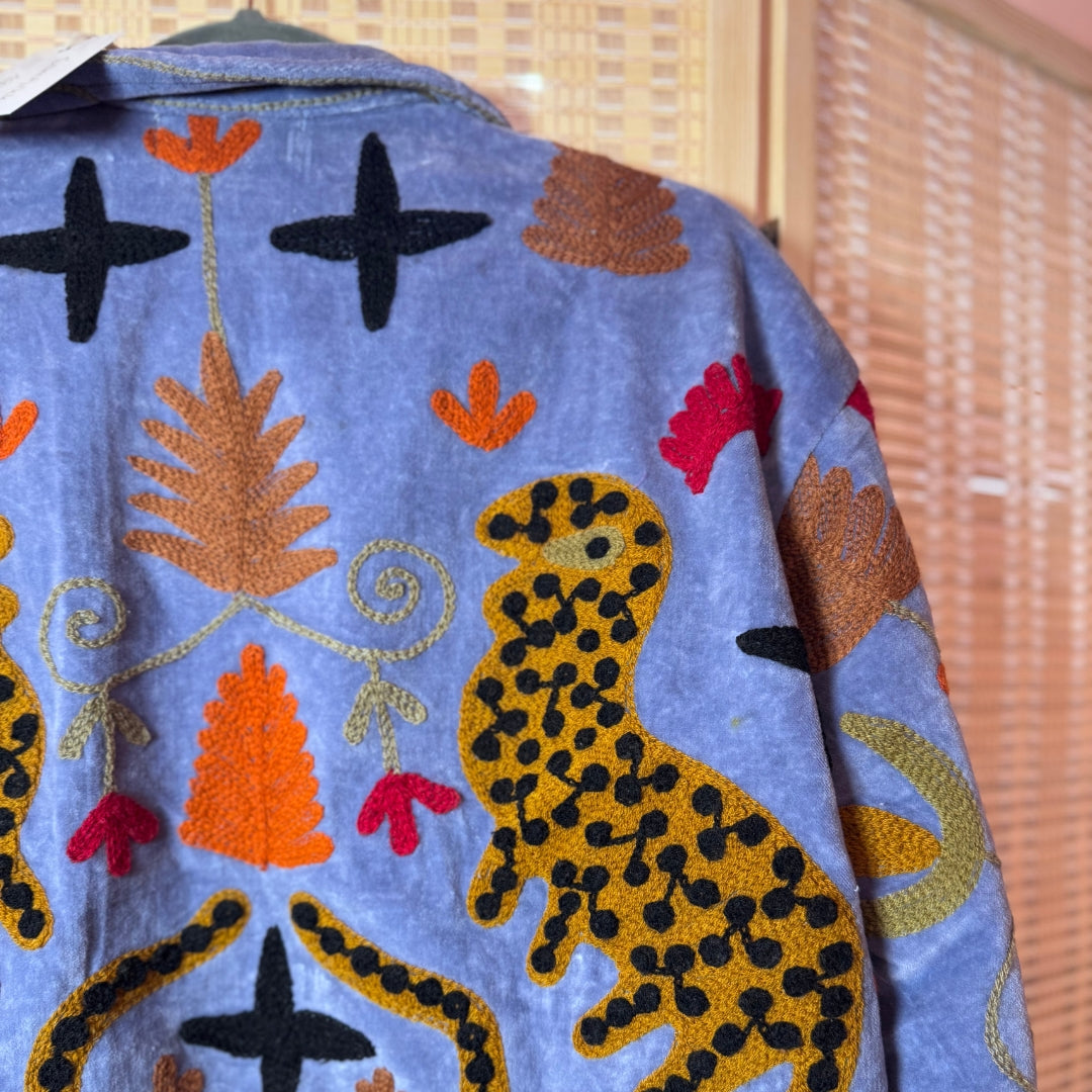 handcrafted "Wild Flowers" velvet jacket, Blue Moon