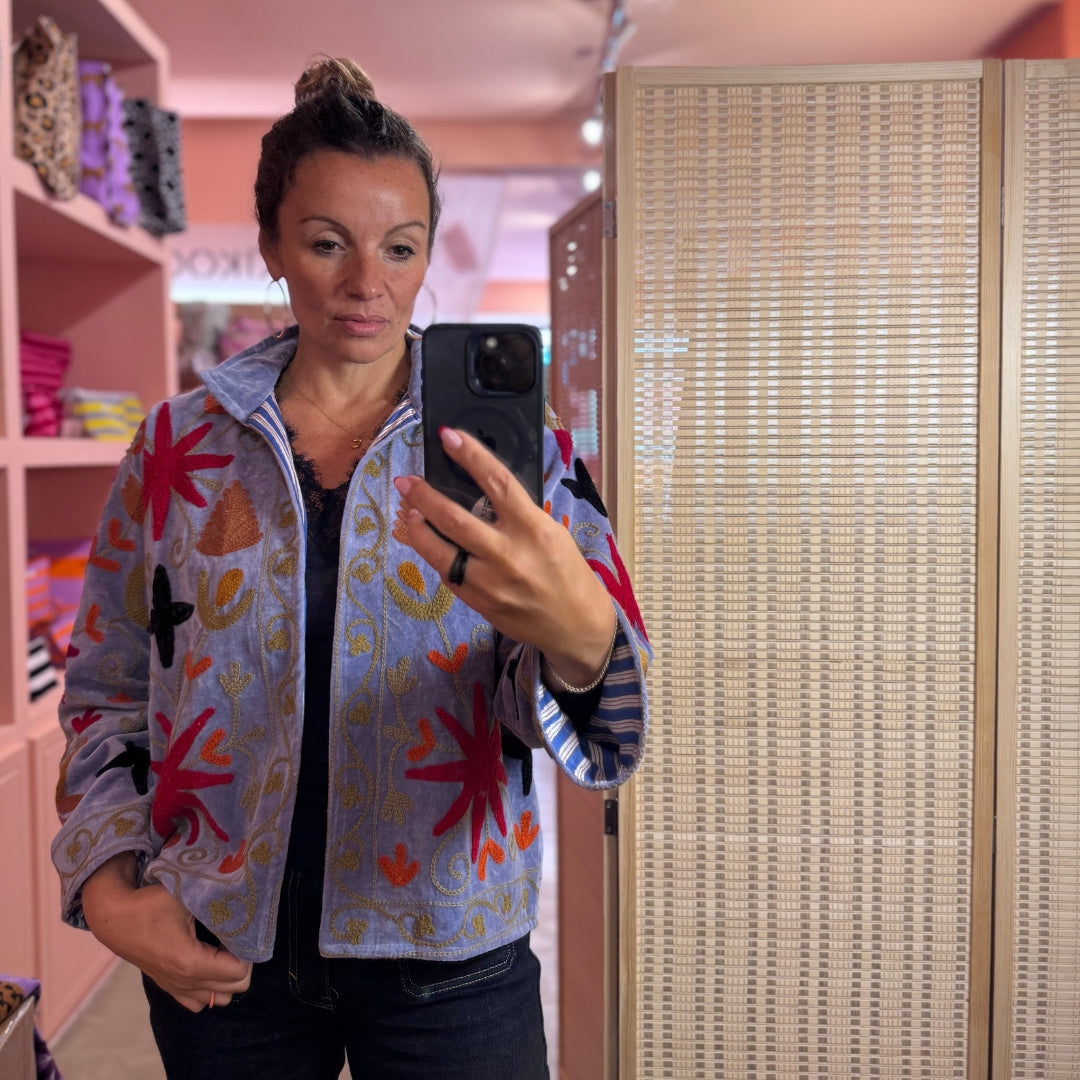 handcrafted "Wild Flowers" velvet jacket, Blue Moon